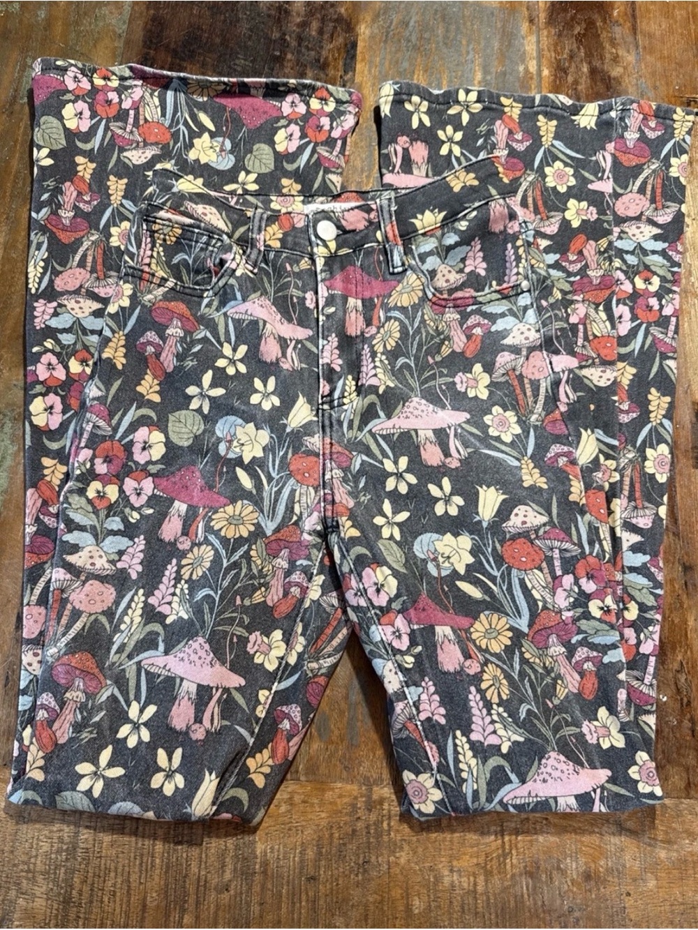 Machine Floral & Mushroom Print Wide Leg Jeans - Pink/Gray